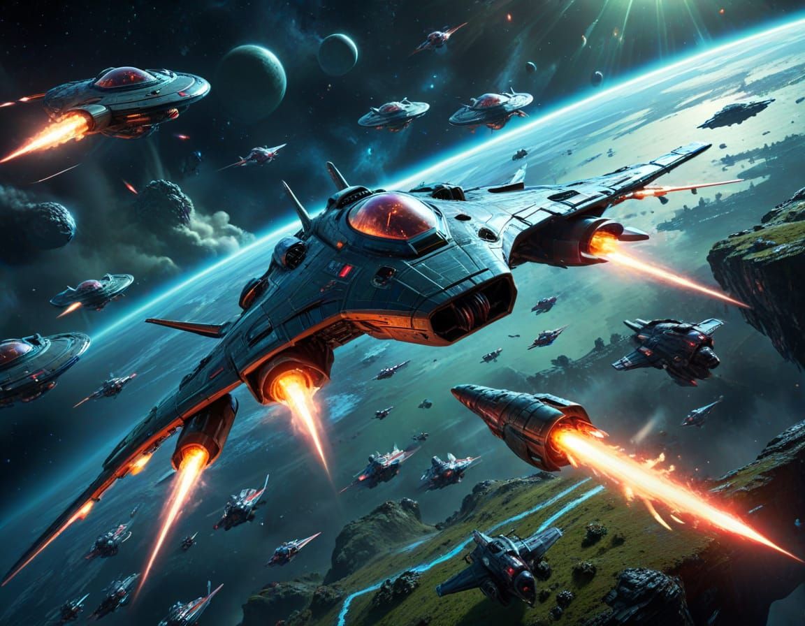 Epic Sci-Fi Space Battle: Saucers Attack Fighters Near Lush ...