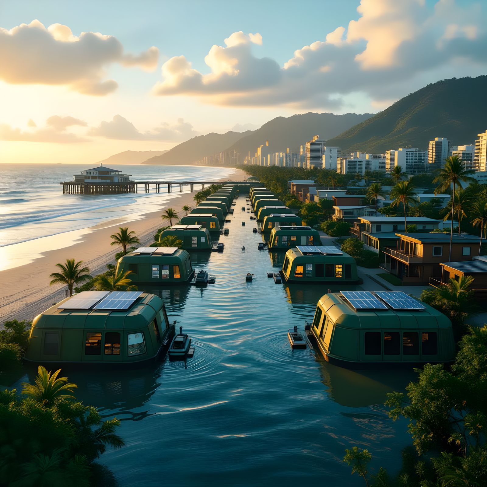 Greenpunk City with Flooded Surface and Solar Panels