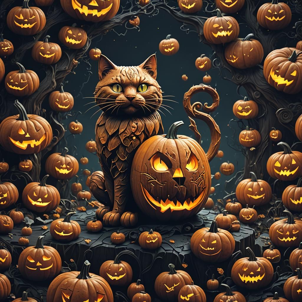 Carved Cat Pumpkin in the Dark: Fantasy Concept Art