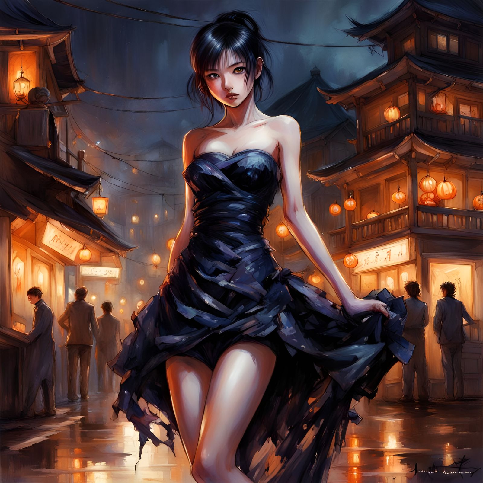 Beautiful Japanese Girl in Party Dress Splash Art