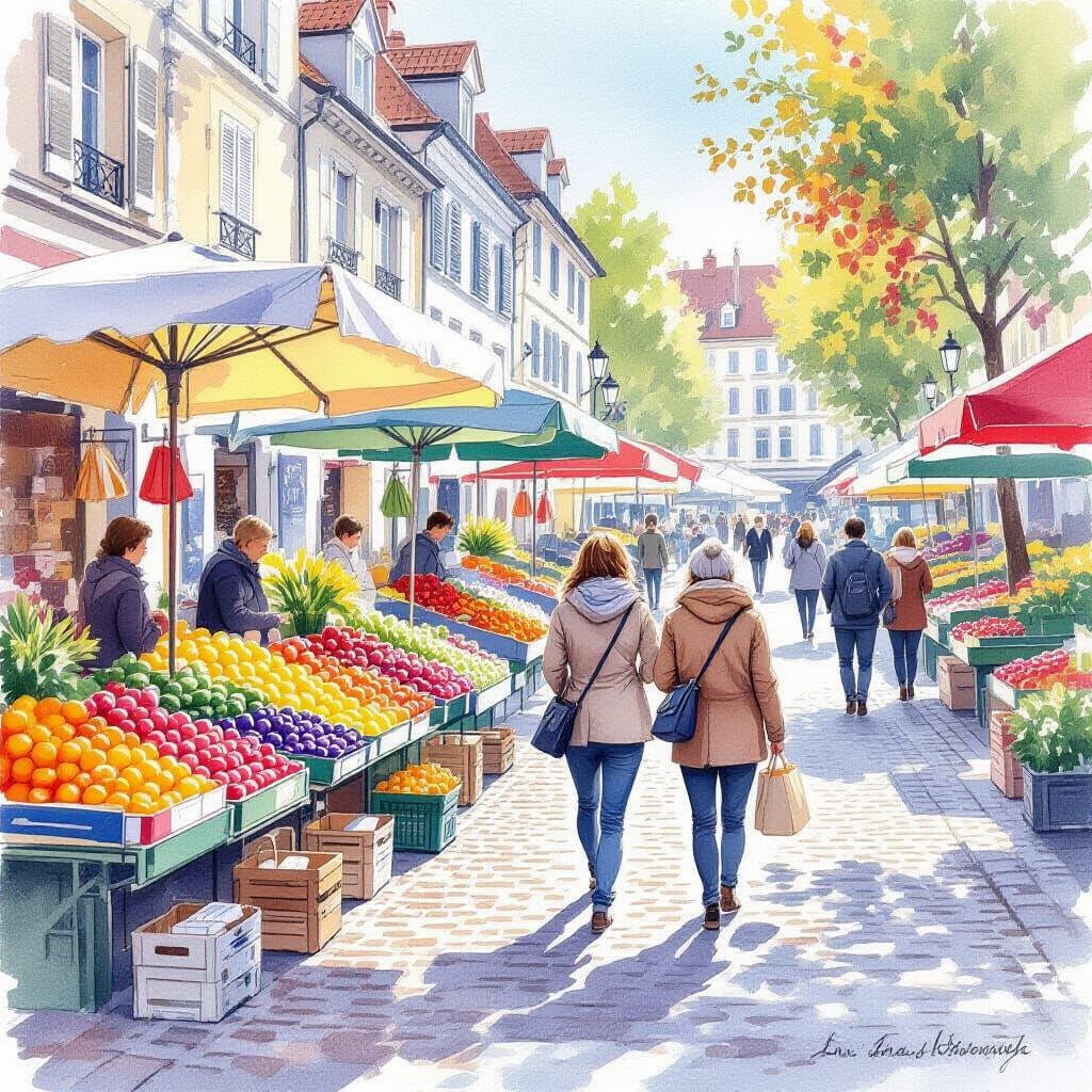 Vibrant Market Day Watercolor Painting