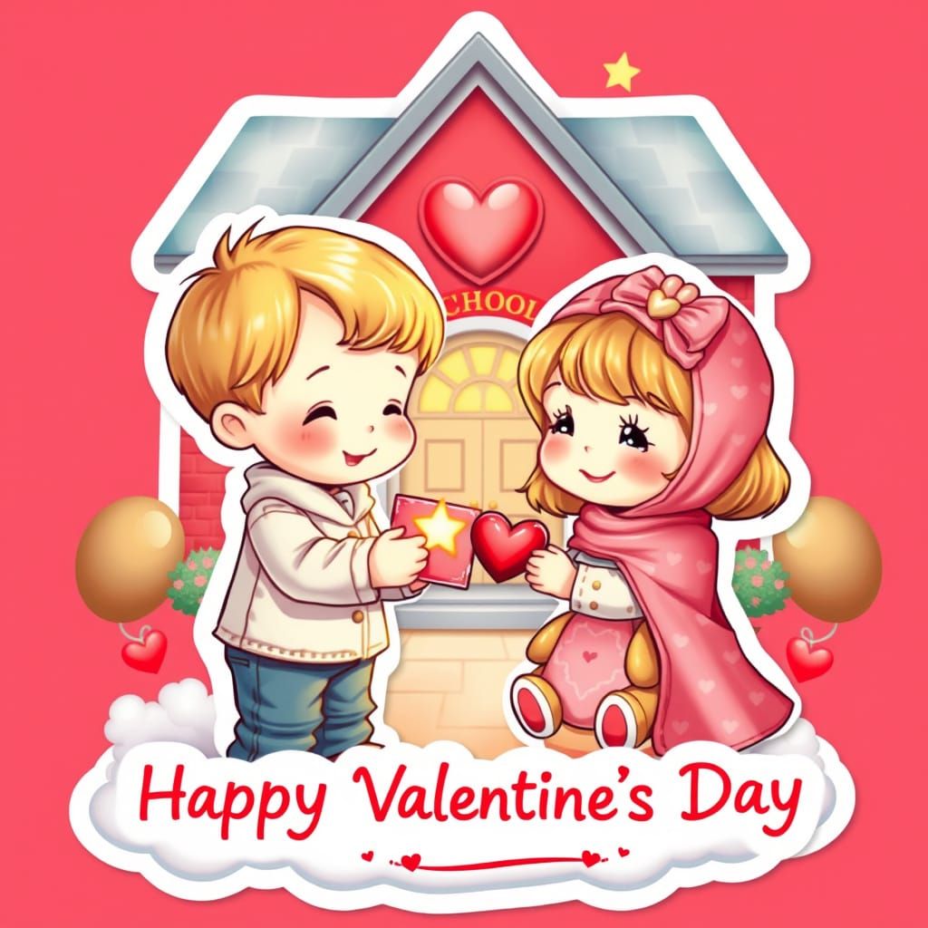 Whimsical Valentine's Day Scene in Sticker Style