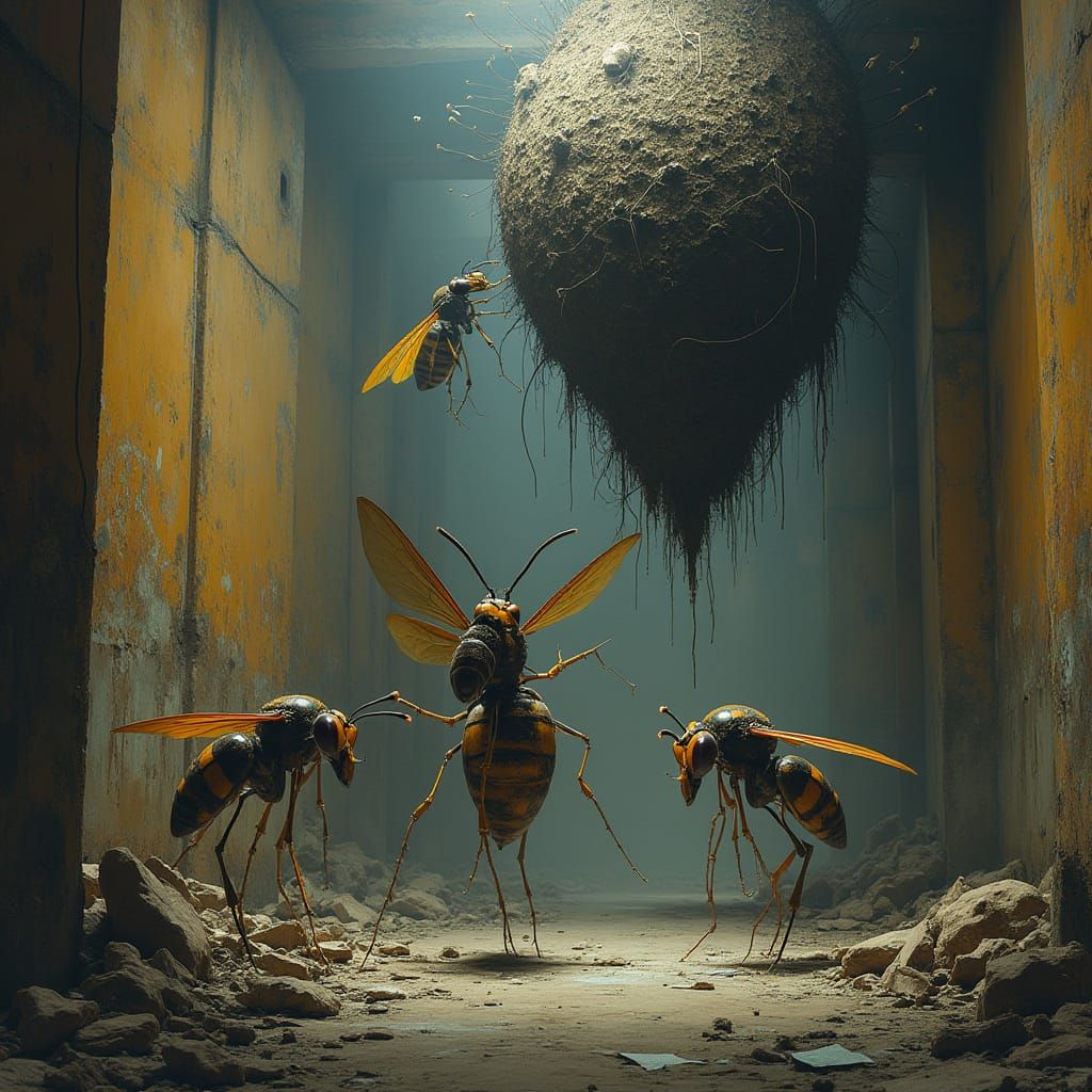 Giant Wasps in Rusty Warehouse with Wasp Nest