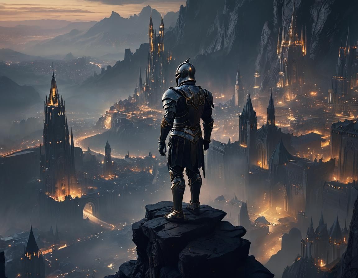 Knight Overlooking a Futuristic Cityscape