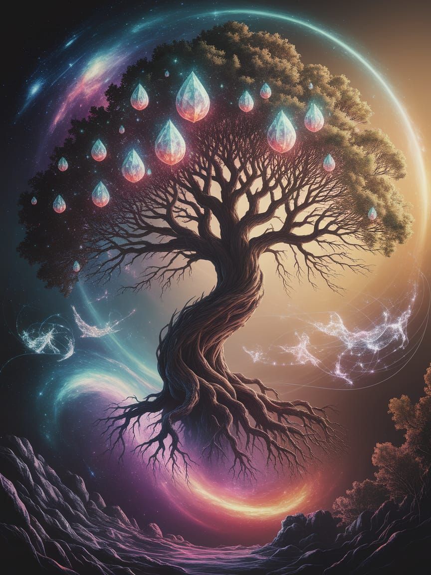 Cosmic Tree with Nebula Roots and Crystal Fruits