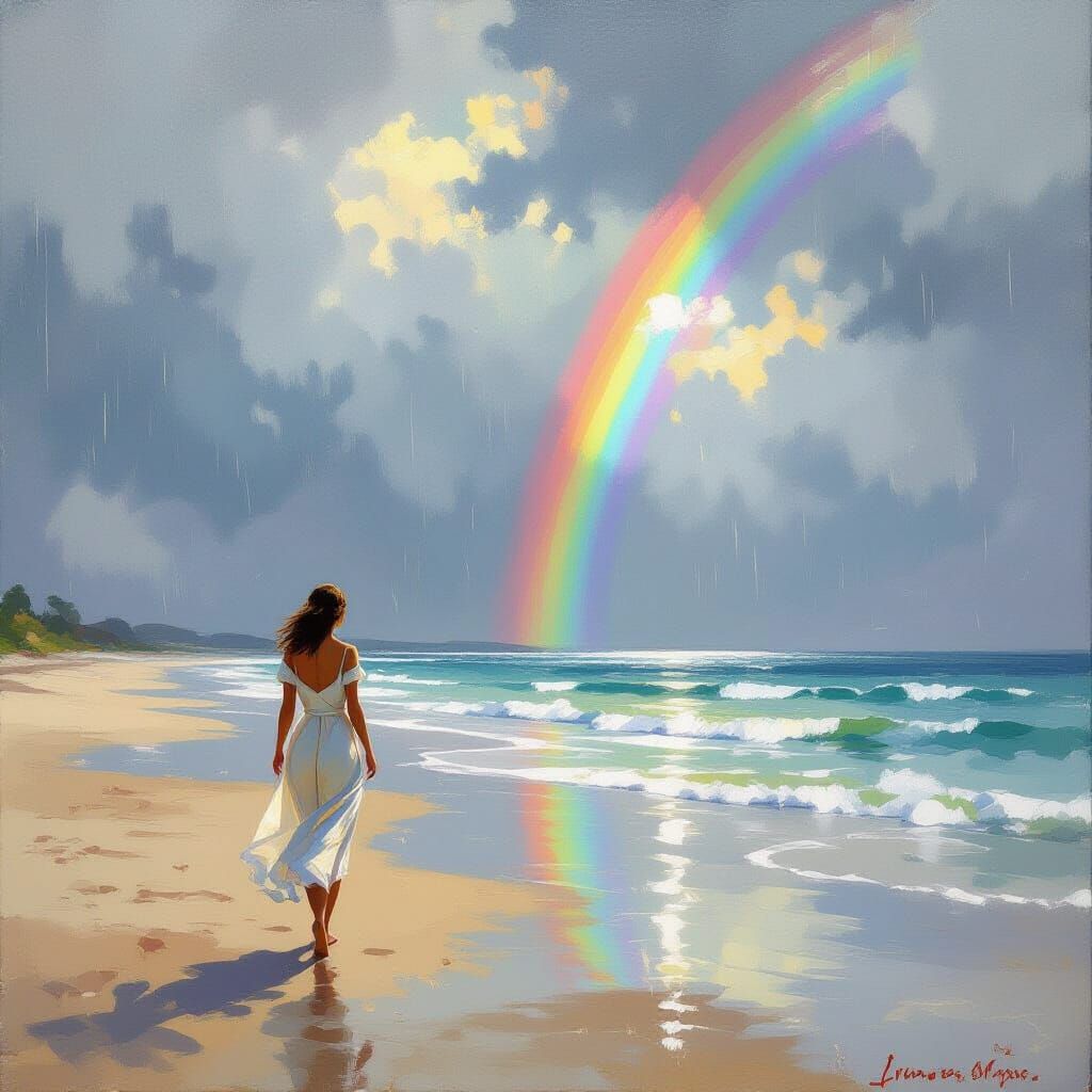 Woman in Summer Rain, Impressionist Beach Scene