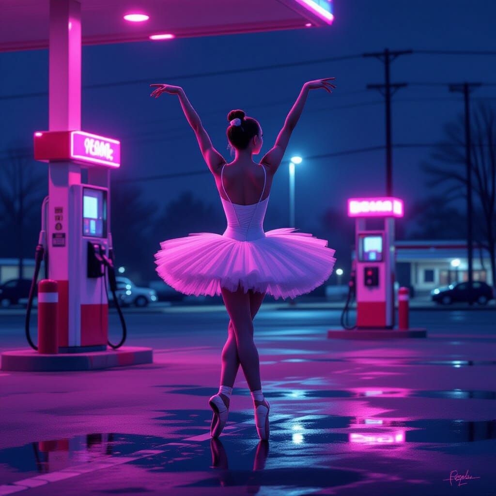 Ballerina Poses at Neon-Lit Gas Station at Night