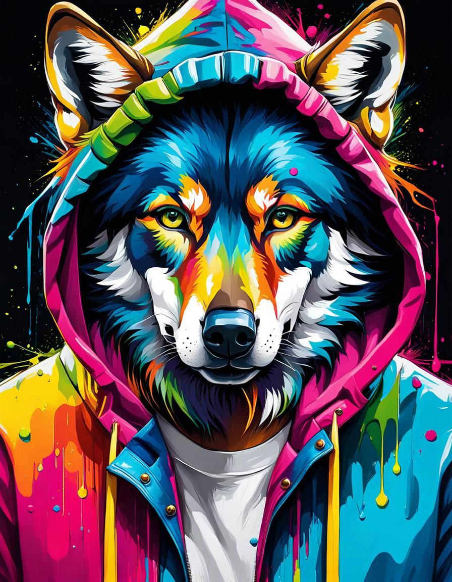 Colorful Humanoid Wolf with Bold Face Makeup
