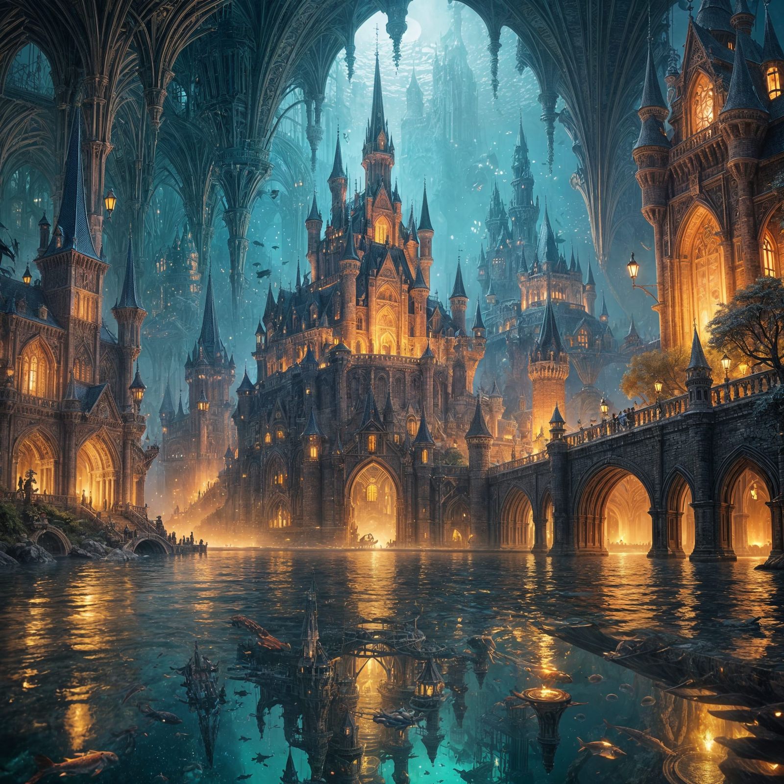 Utopic Underwater City with Glowing Castle