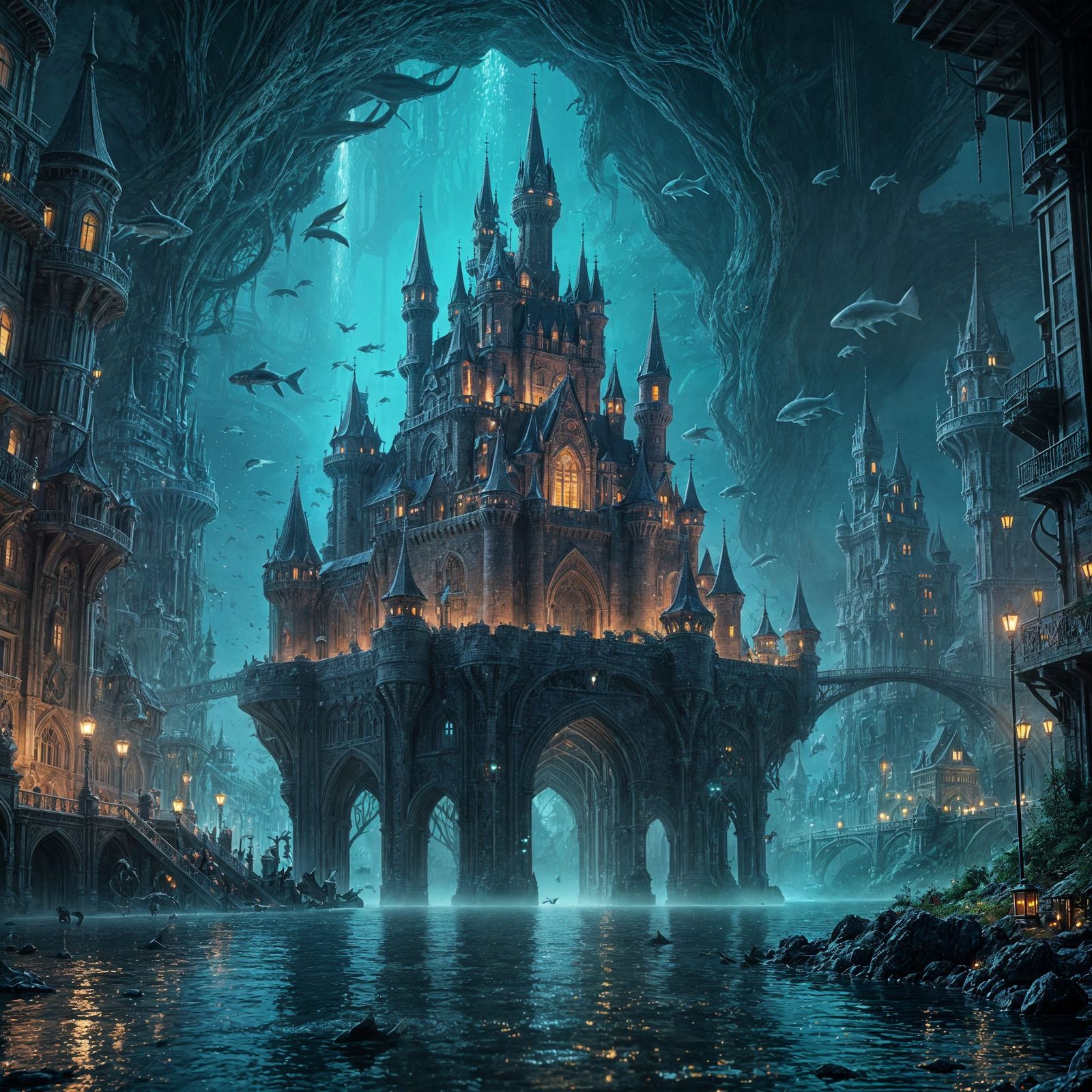 Utopic Underwater City with Glowing Castle