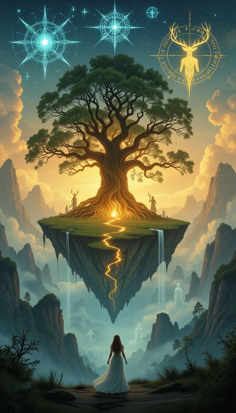 Slavic Dreamscape with Mythic Spirits and Cosmic Oaks
