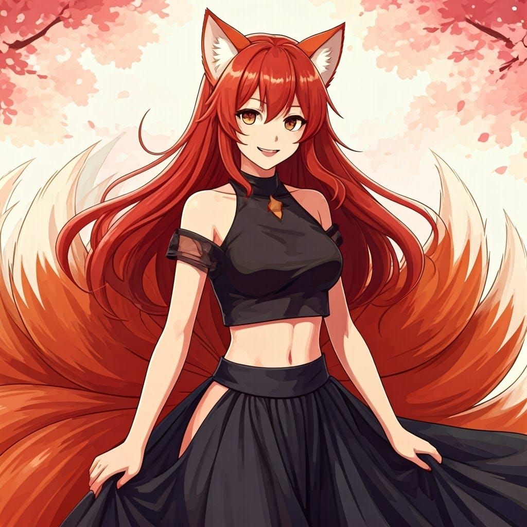 Vibrant Ninetails Kitsune in Anime Key Visuals Style