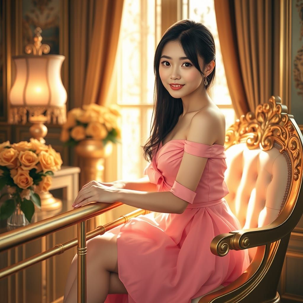 Luxurious Gold: Young Japanese Girl in Opulent Setting