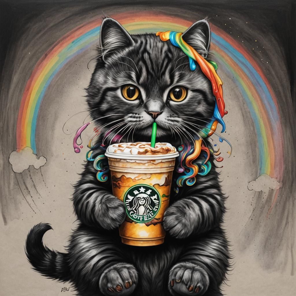 Hello Kitty with Cat, Charcoal Drawing