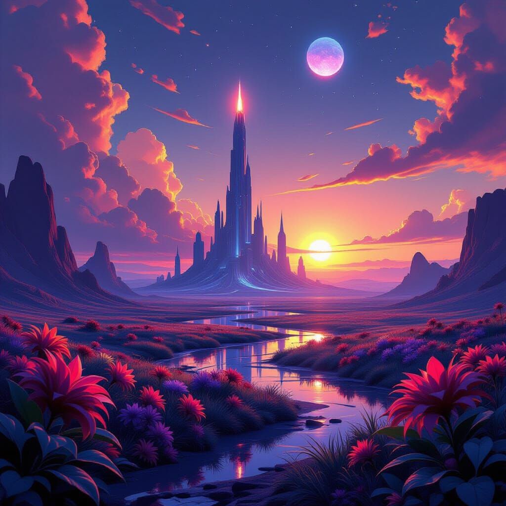 Alien Landscape South of Sky Temple with Binary Sunset