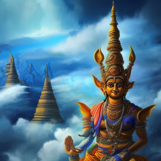 Vishnu in Ancient Vimana Over Pagodas