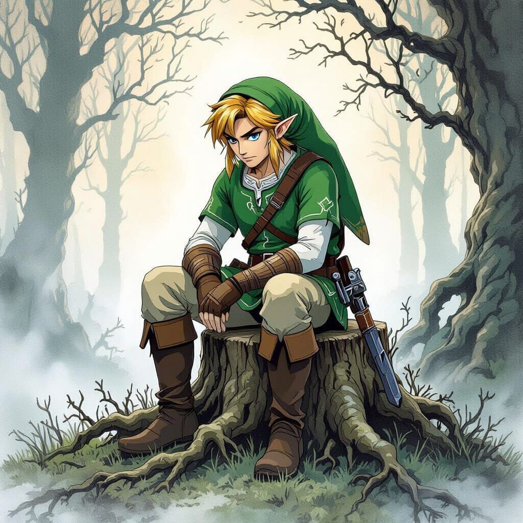 Melancholic Link in Misty Hyrule Forest, Ink Wash Style