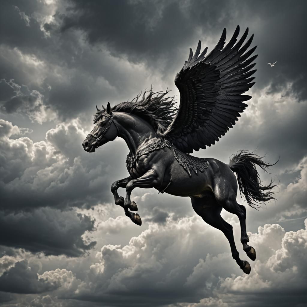 Majestic Black Pegasus in Hyperrealistic Flight