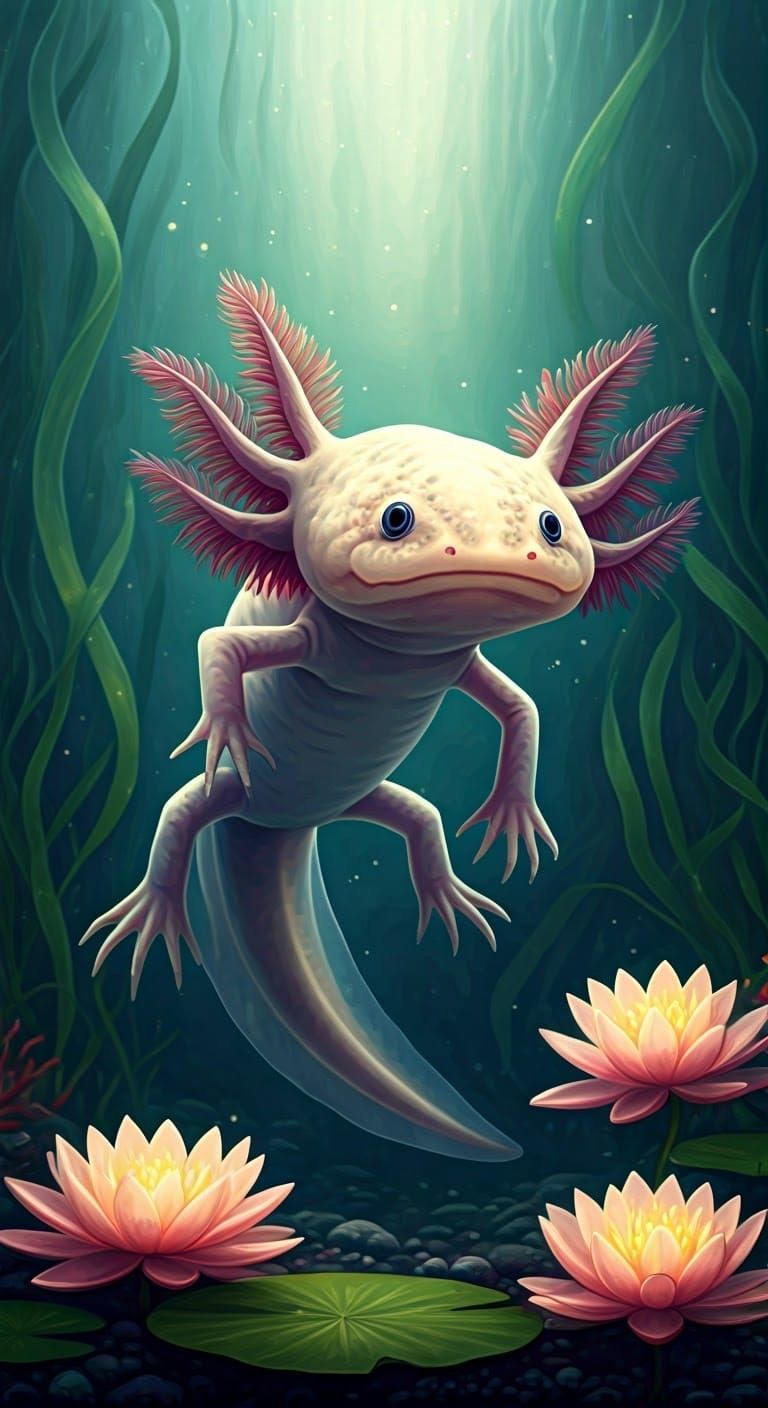 Ethereal Axolotl in Enchanted Underwater Realm