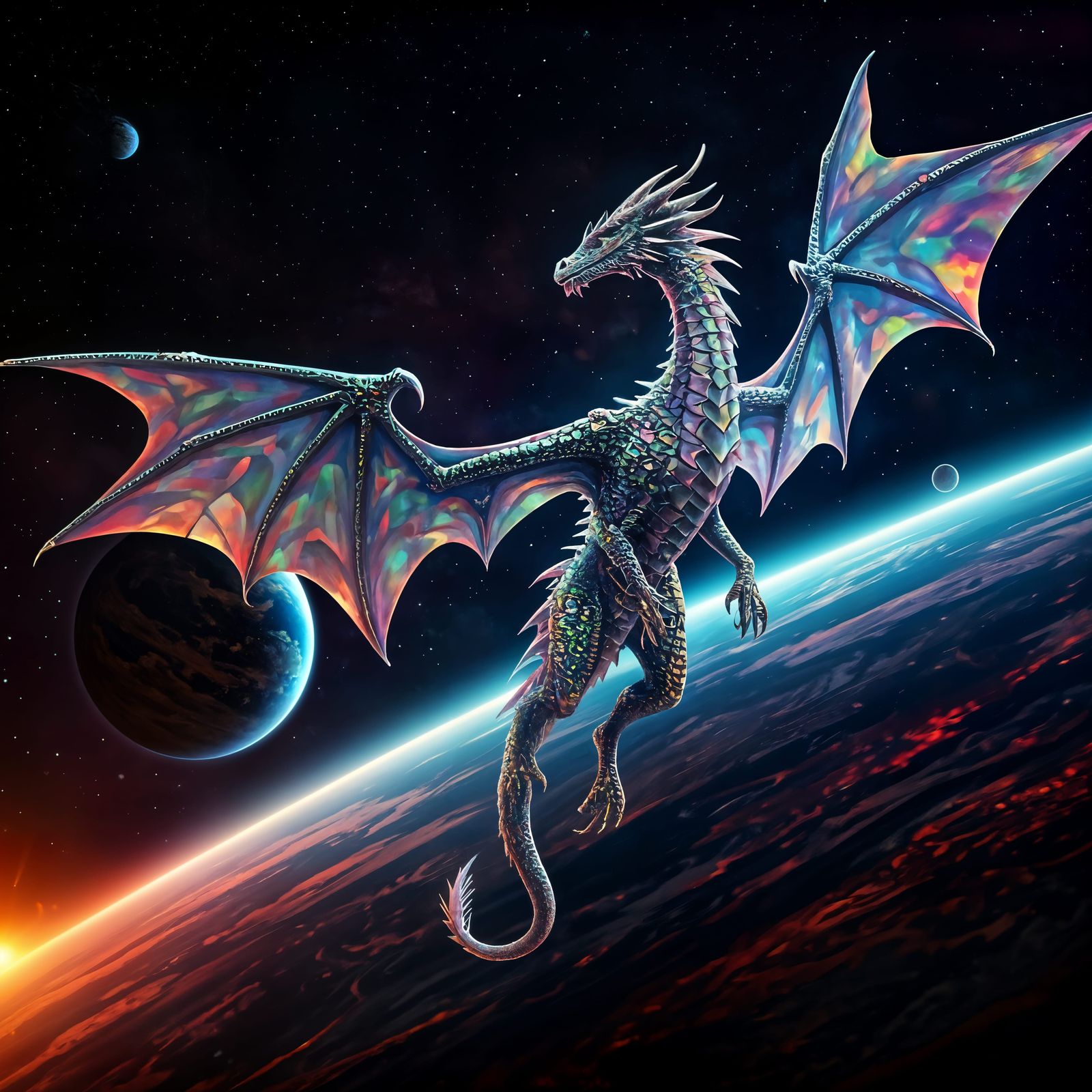 Neon Dragon Soaring Through Outer Space