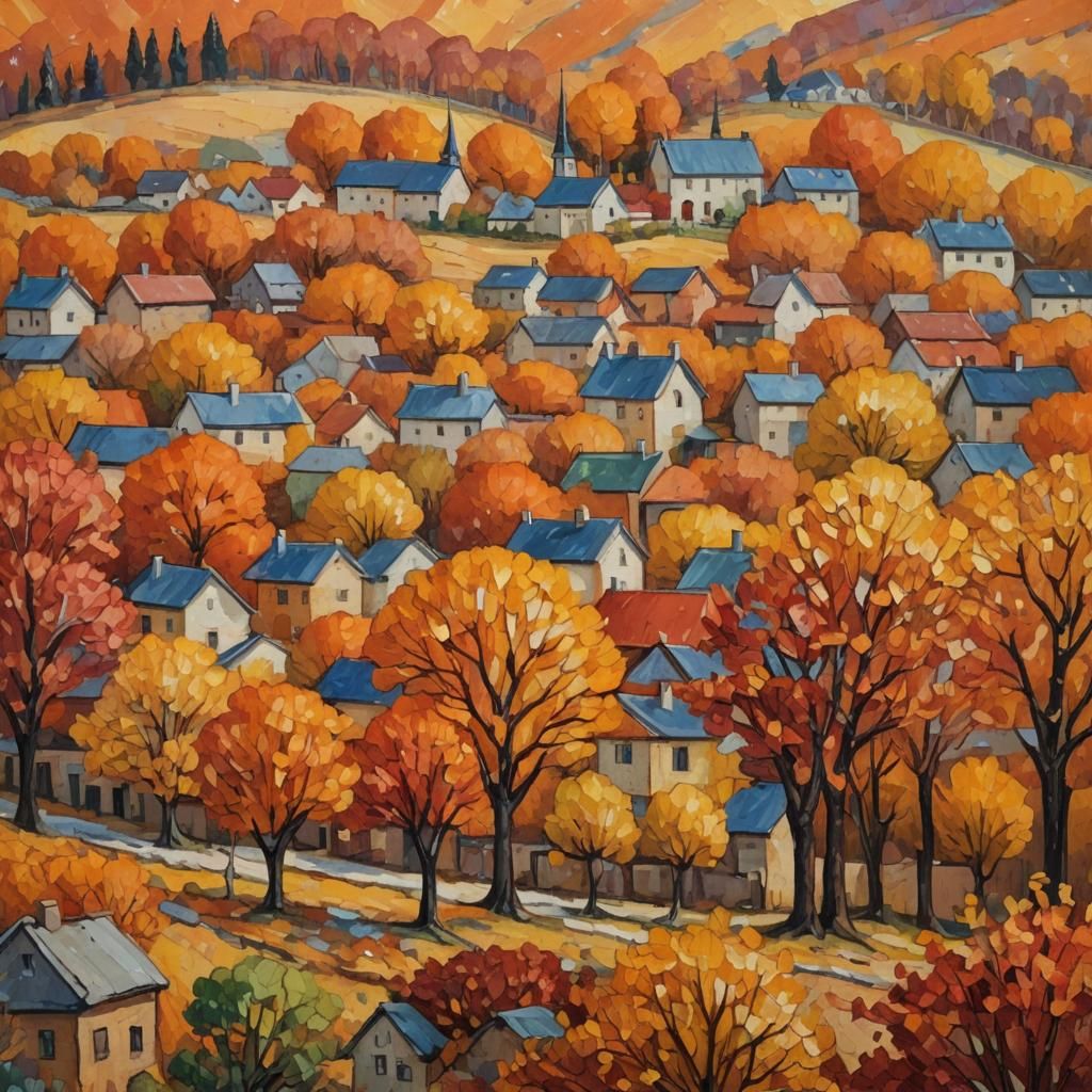 Autumn Village in Neo-Impressionistic Expressionist Style
