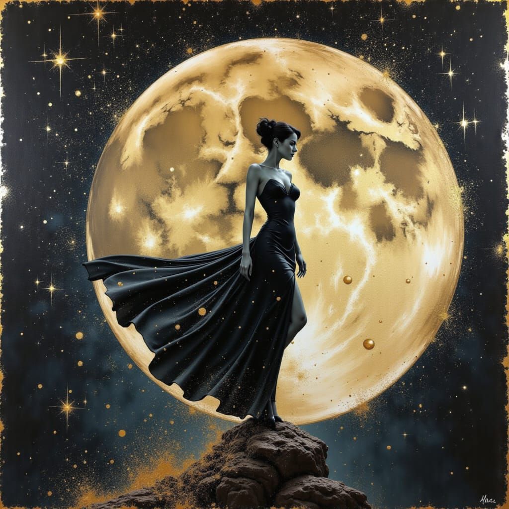 Gold Moon in Cosmic Watercolor Art Style