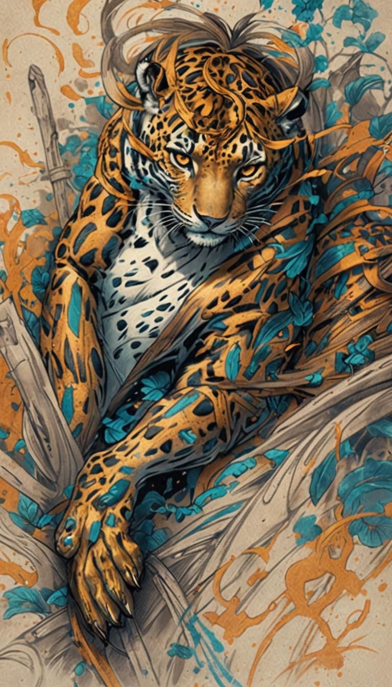 Fantasy Leopard Tattoo Sketch in Detailed Matte Style