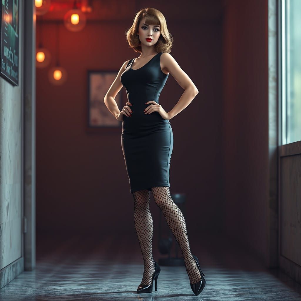 Confident 1960s Woman in Fitted Dress and Black Fishnet Stoc...