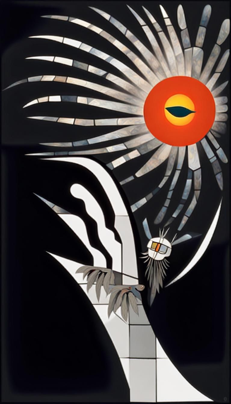 Native American Thunderbird  in  flight,  sun,   Azteca, sug...