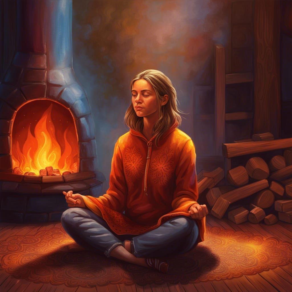 European Girl Meditates by Campfire in Hyperrealism