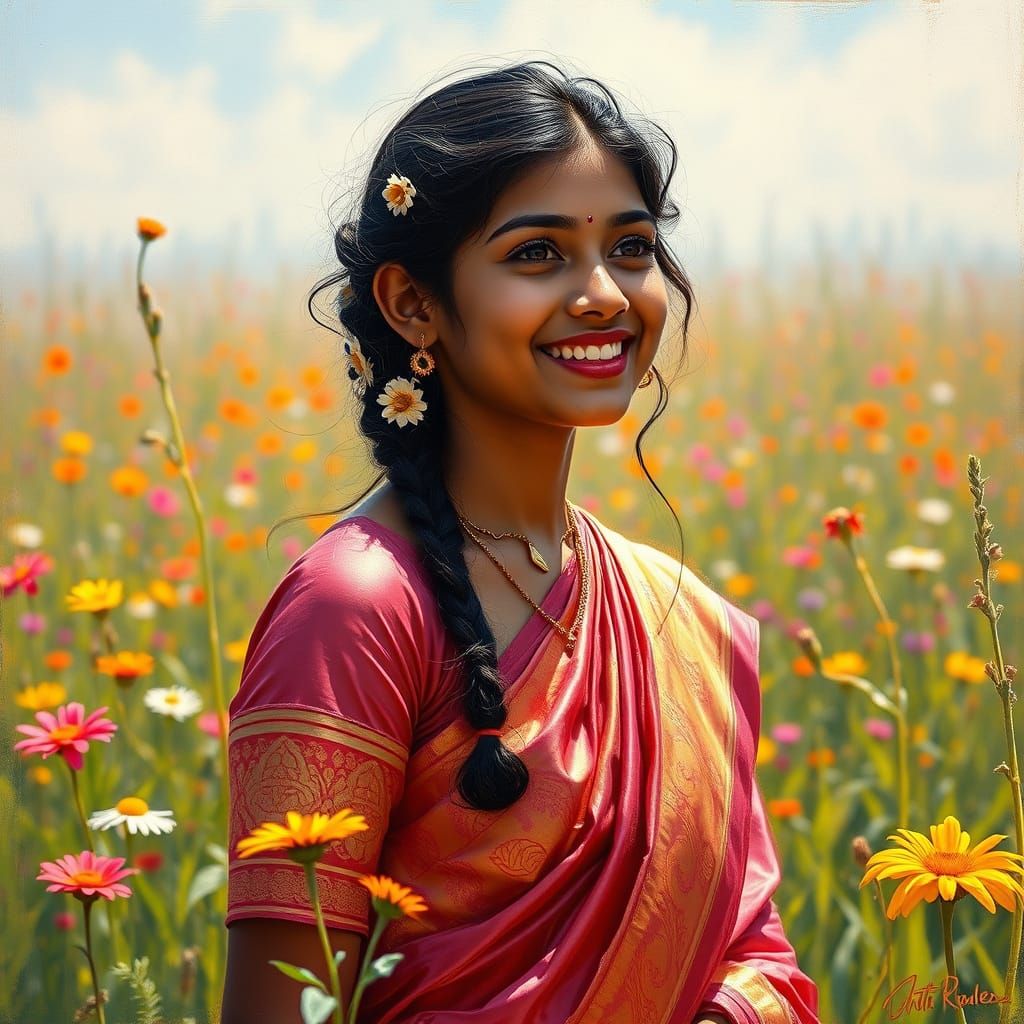 A captivating portrait of a young Indian woman with jasmine in her hair, her eyes sparkling with joy, standing in a fiel...