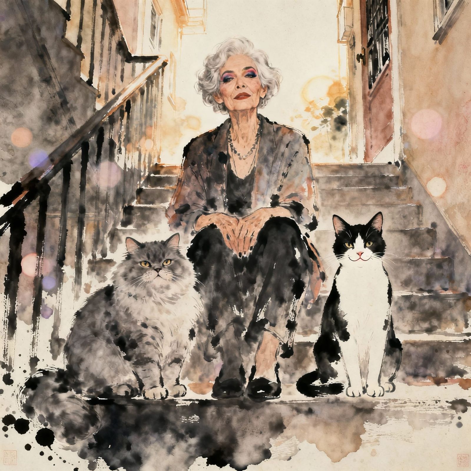 Sad Transwoman with Cats in Dreamscape Impasto Painting