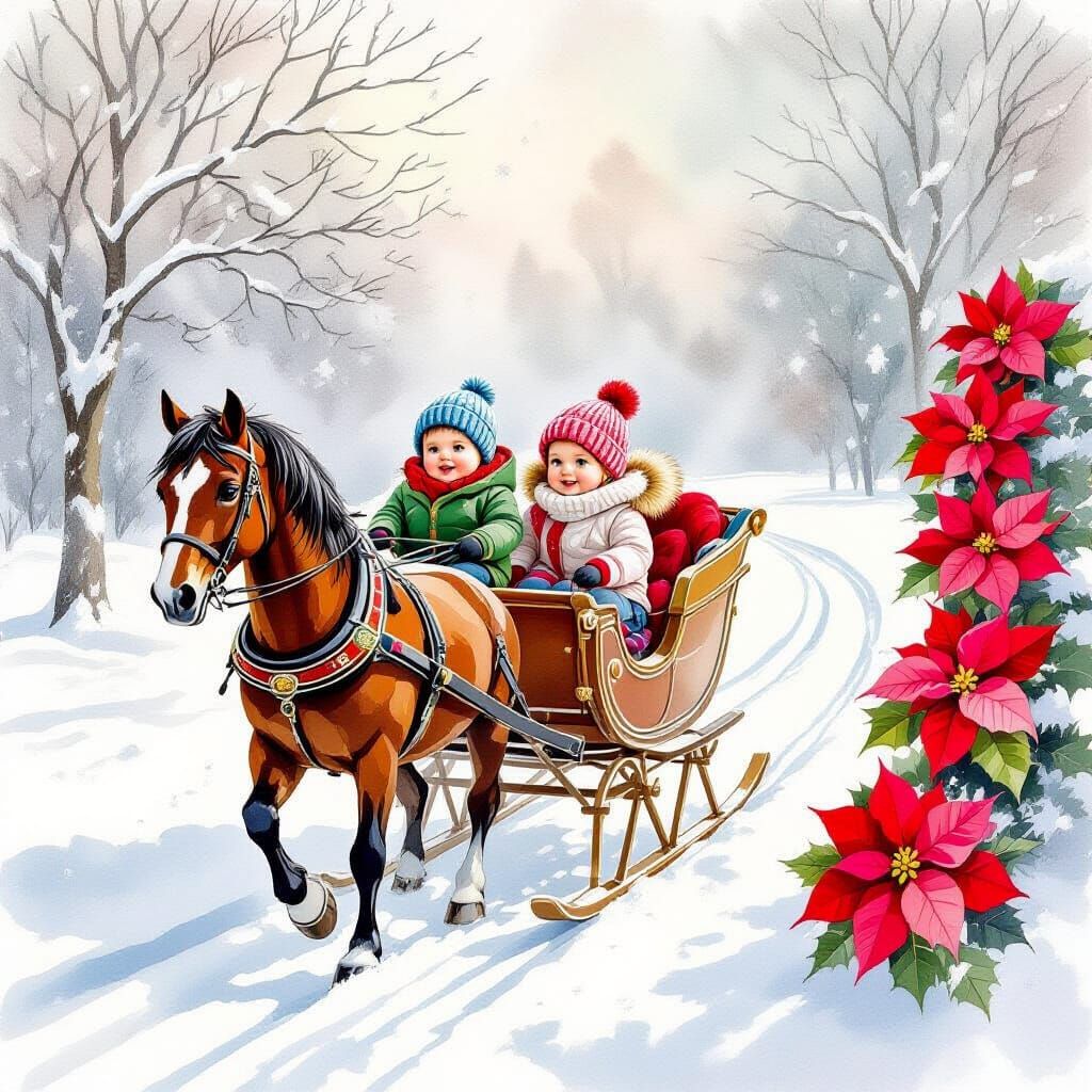 Ethereal Watercolour Sleigh Ride with Poinsettias