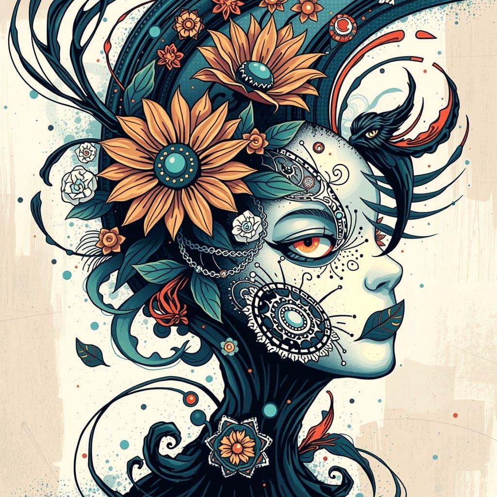 Abstract Doodle Art with Manga and Mandala Elements