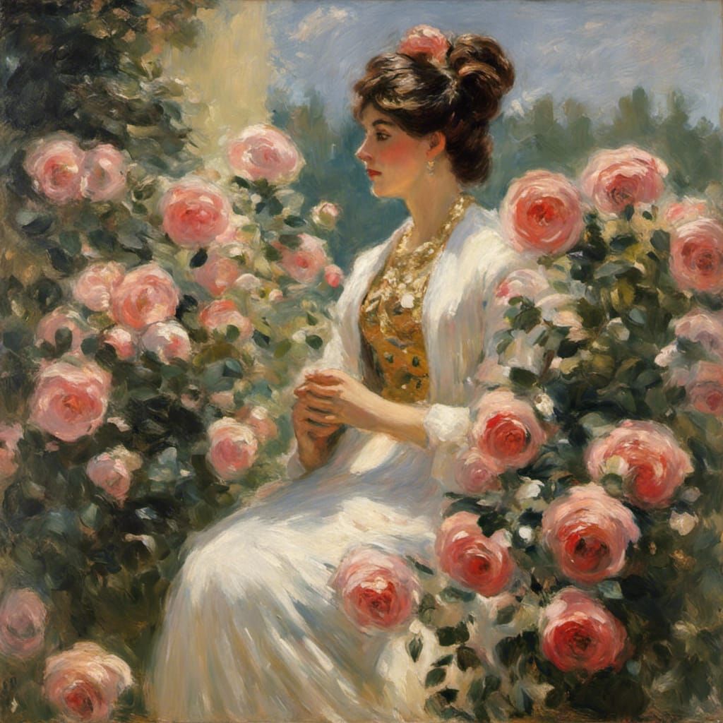 Woman Surrounded by Roses in Impressionistic Style