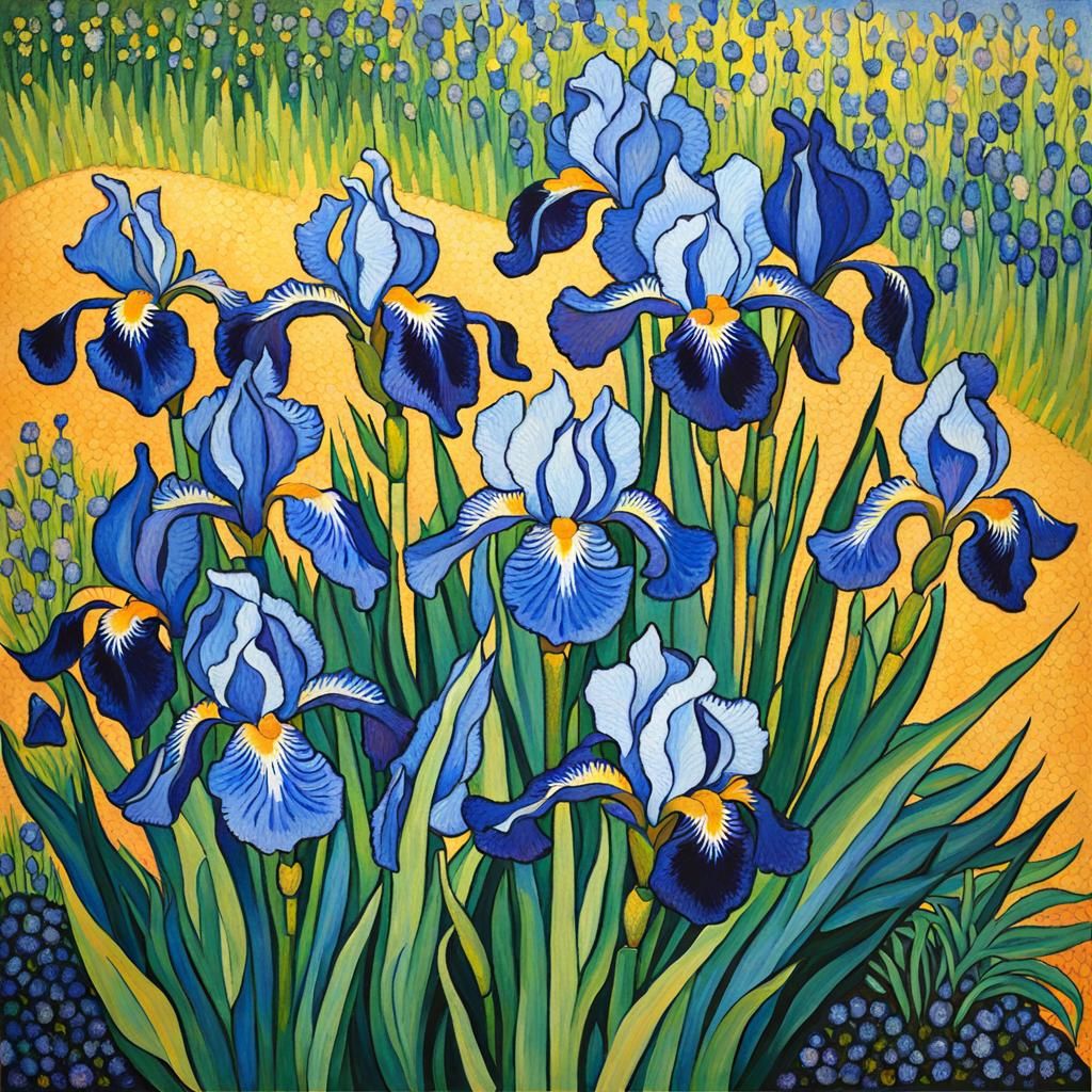 Blue Irises in Impressionistic Style