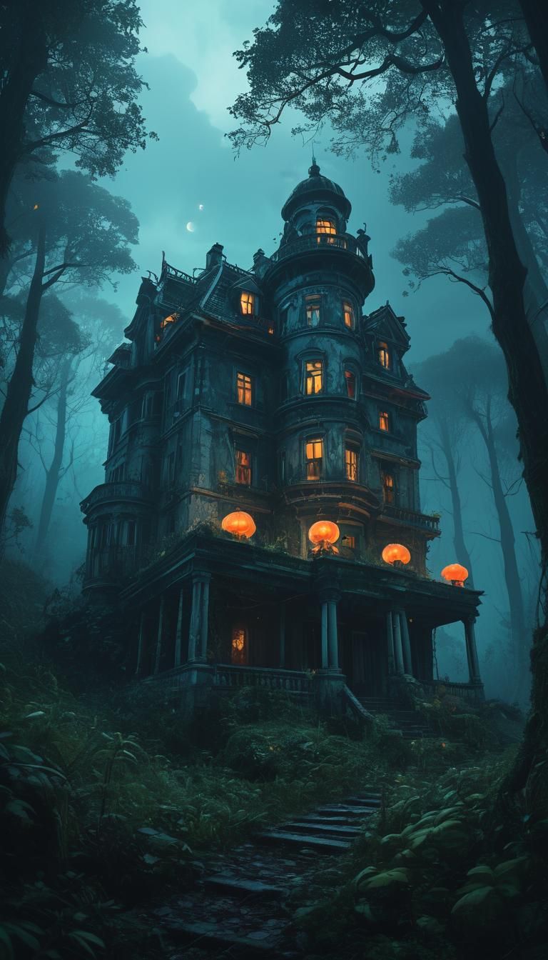 Haunted house detailed matte painting deep colors fantastical Intricate detail splash screen complementary colors fantas...