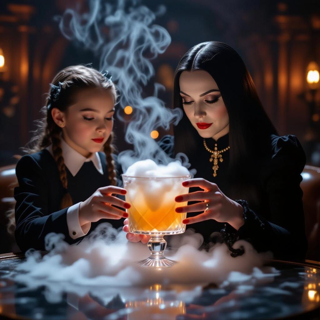 Wednesday Addams and Thing Mix a Misty Drink