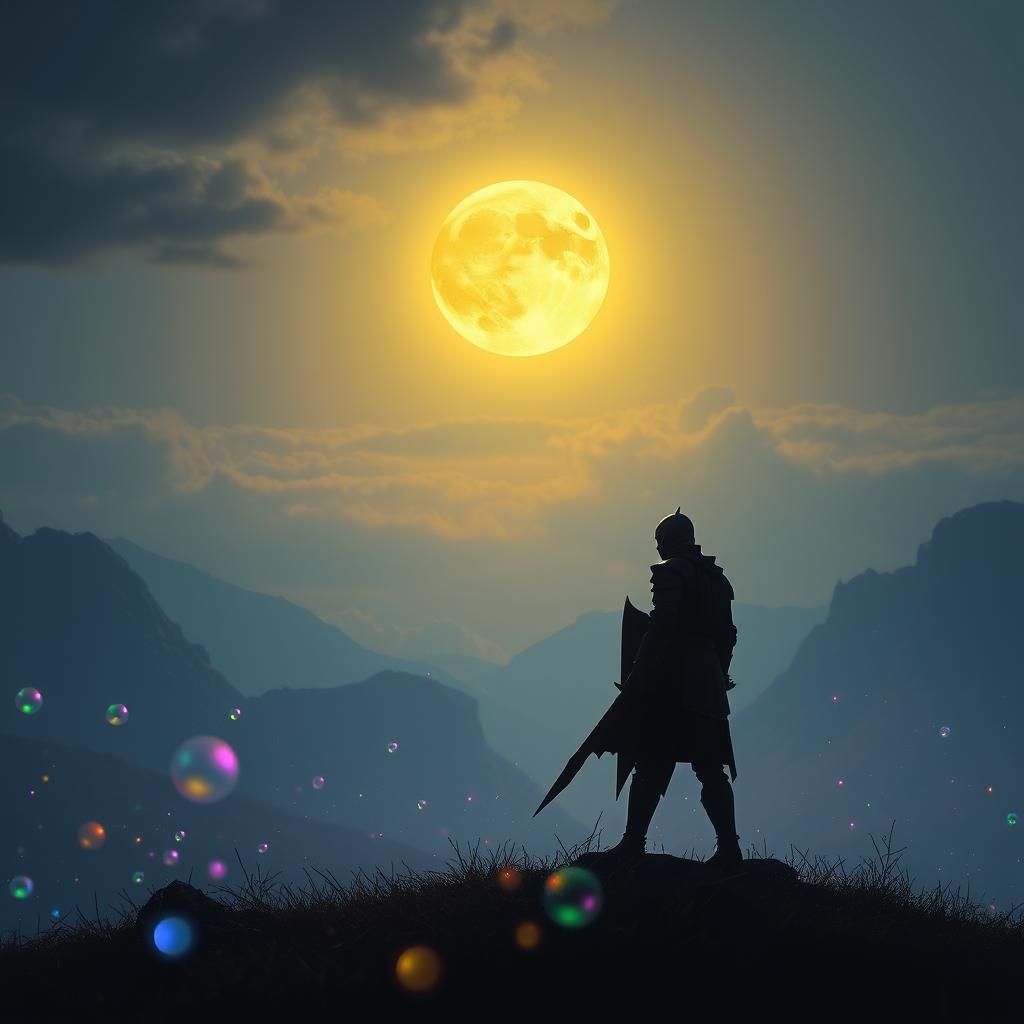 Knight Silhouetted by Moon in Dreamlike Landscape