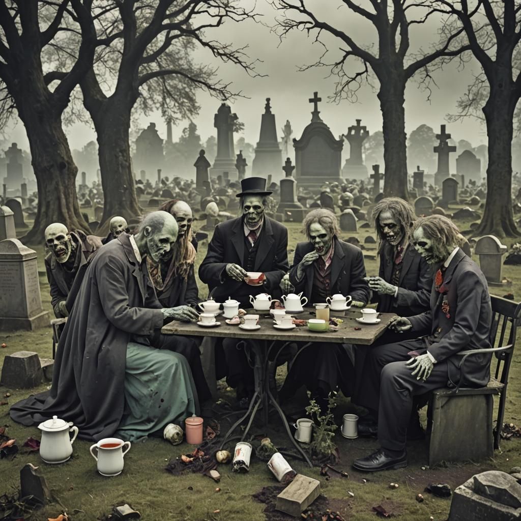 Zombies Tea Party in Graveyard Scene