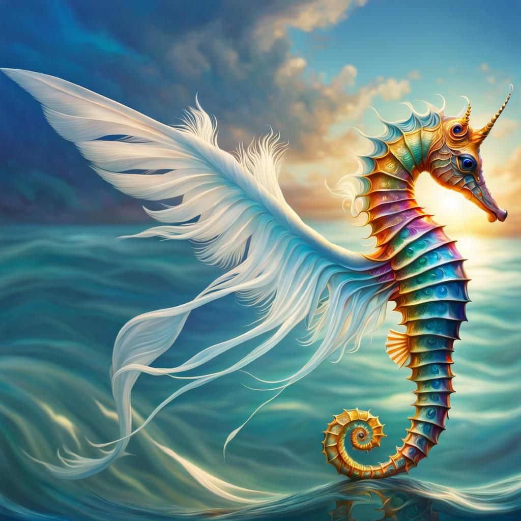 Beautiful Seahorse Girl with Colorful Feathers in HDR