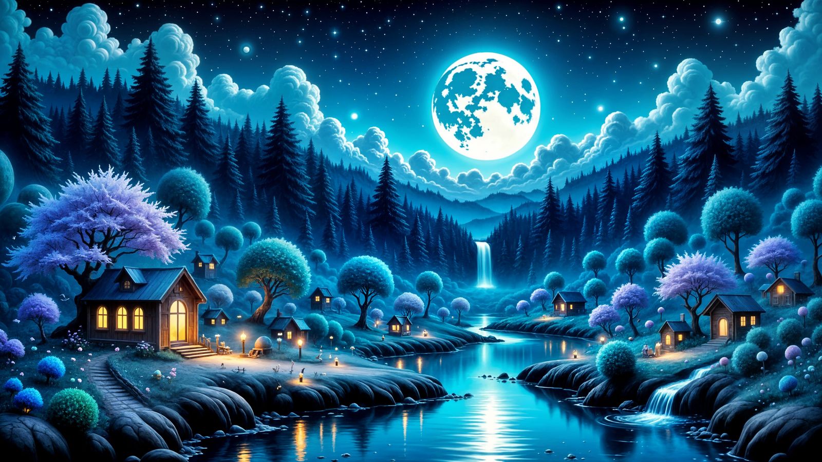 Miniature Village in Ornate Crescent Moon