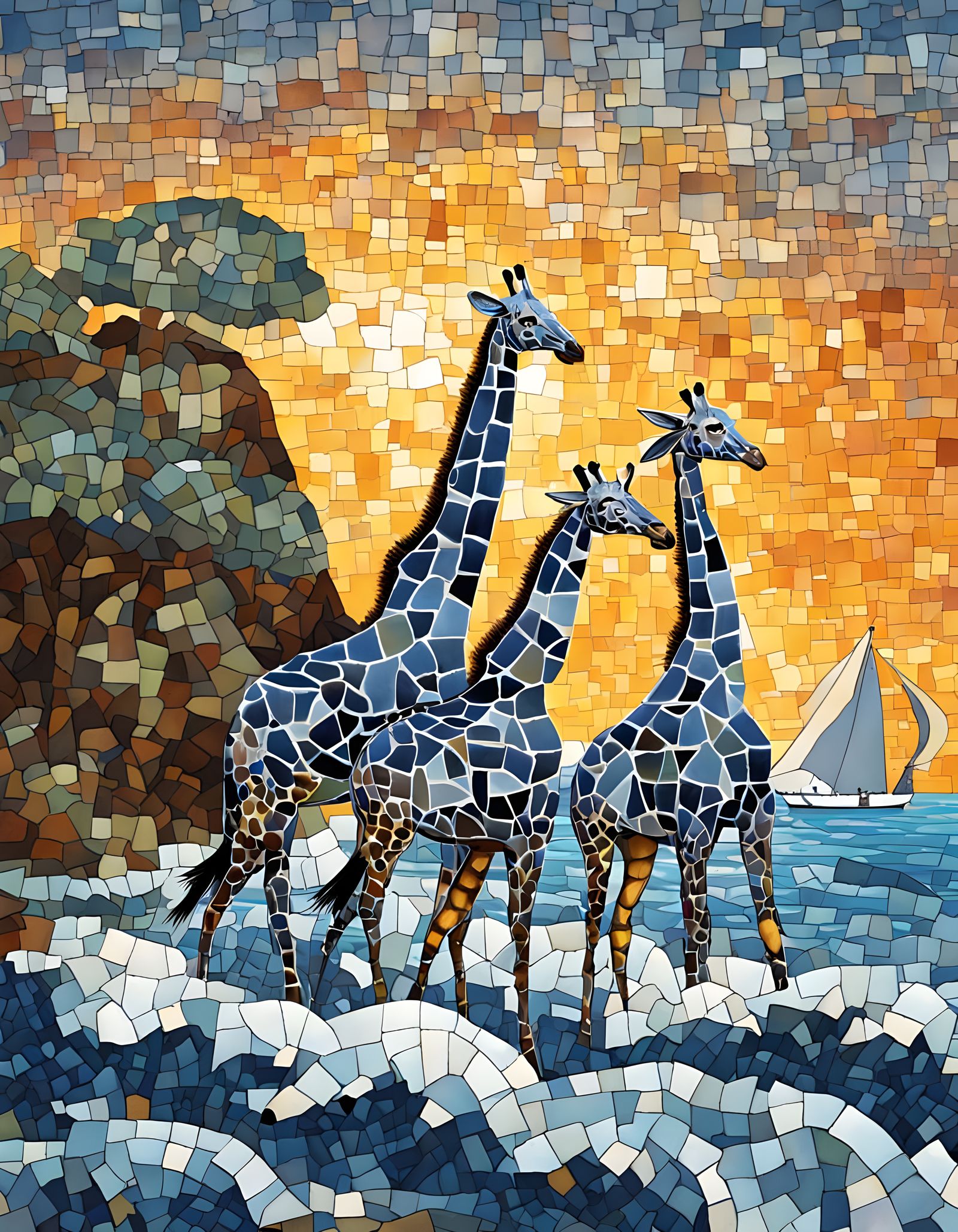 Giraffes Stand Firm Against Turbulent Tides in Vibrant Mosai...
