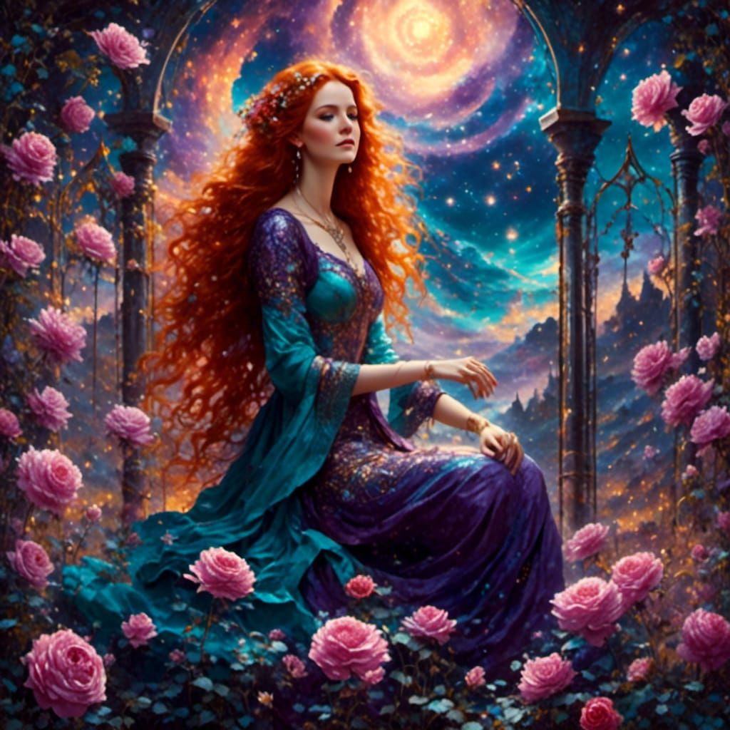 Celestial Rose Garden: Red-Haired Woman in Purple