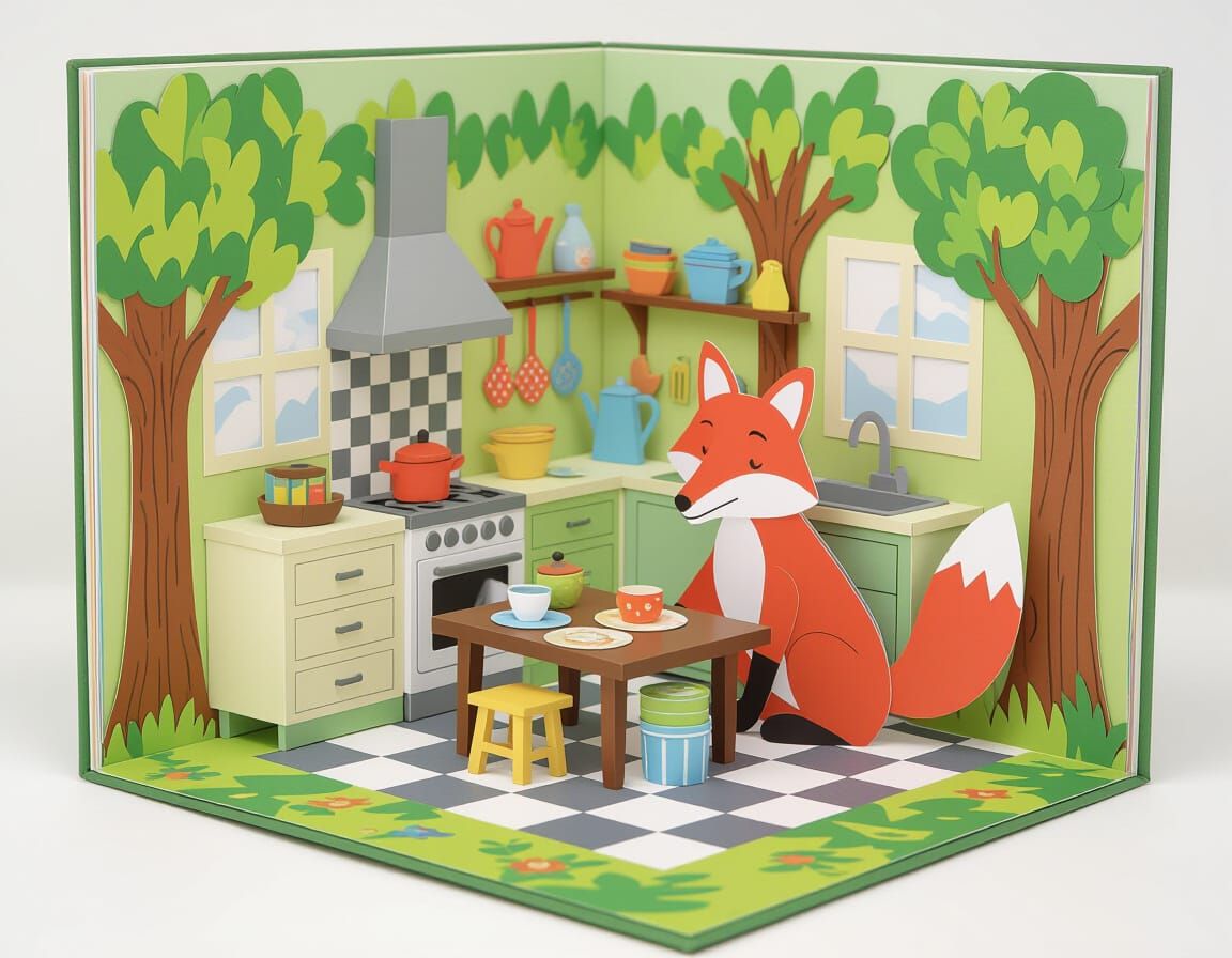Fox's Woodland Kitchen in Pop-Up Book Style