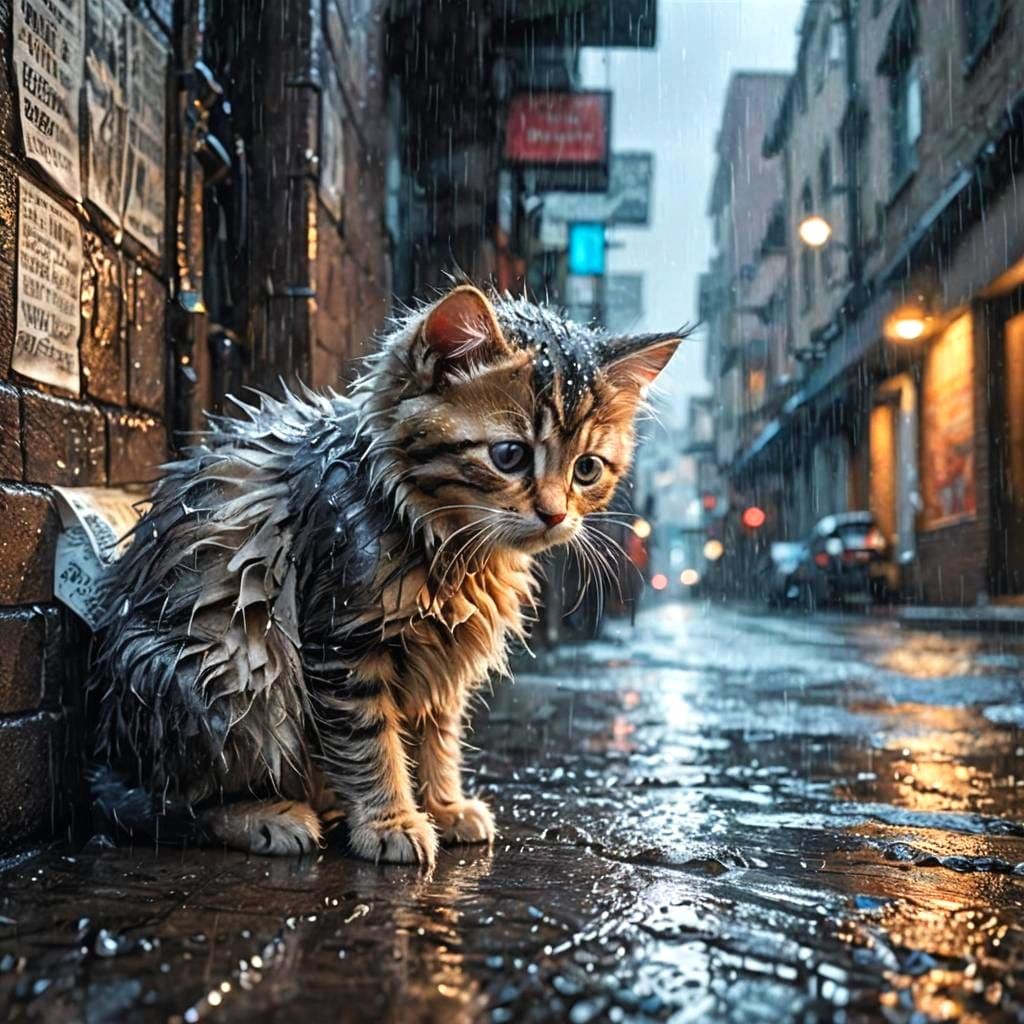 Sad Kitten Hiding in Alley: Photorealistic Photograph