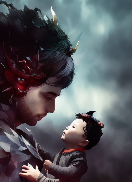 Boy's Selfie with Dragon in Surreal Ink Art Style