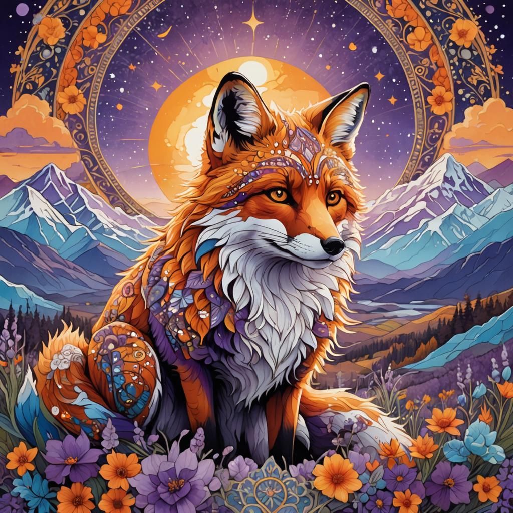 Ornate Fox in Mountain Landscape with Glitter Overlay