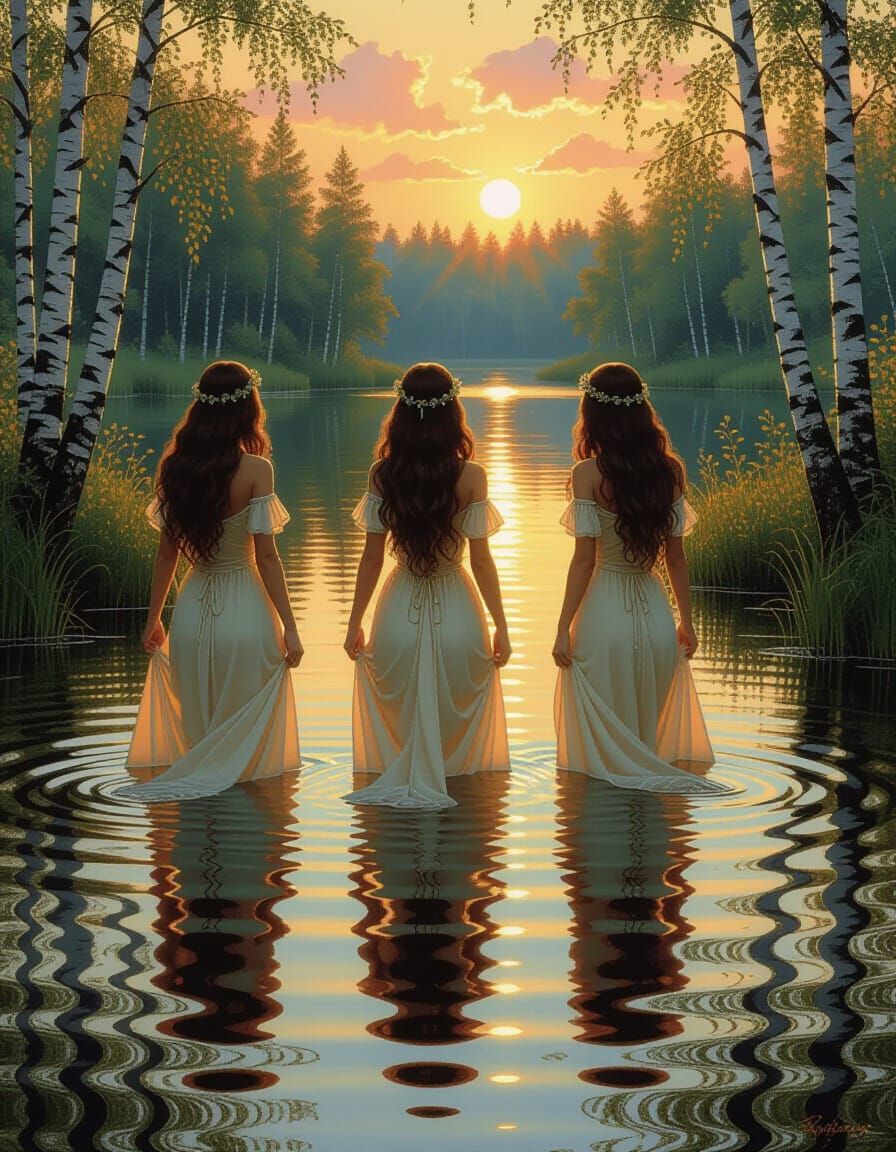 Ethereal Nymphs Wade in Golden Hour Lake Painting