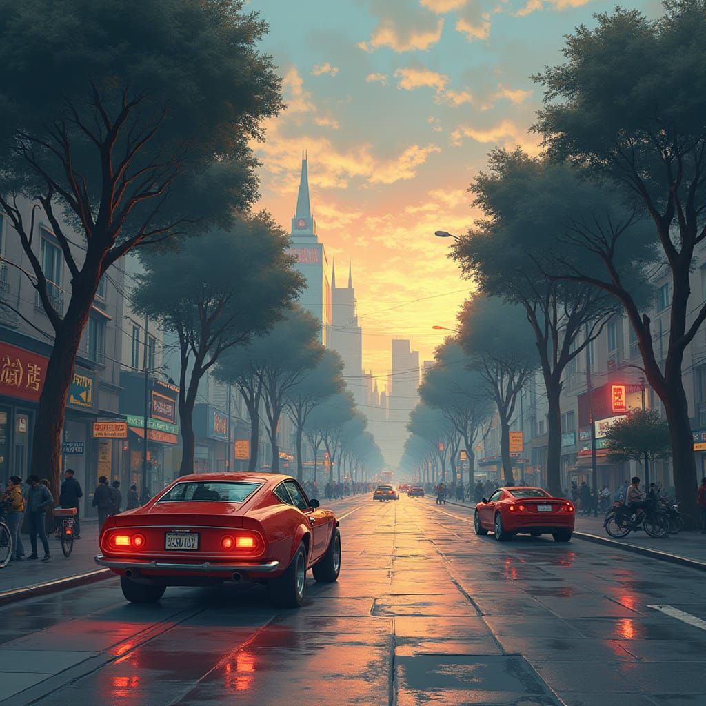 Car at Dusk in Quiet Street: Cinematic Futuristic Style
